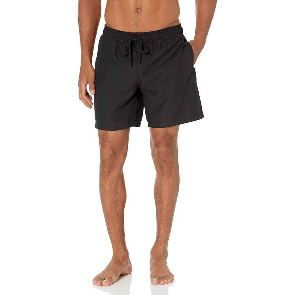 Amazon Essentials Men's 7" Swim Trunks SMALL Black Mesh Lining Pockets Mid-Rise